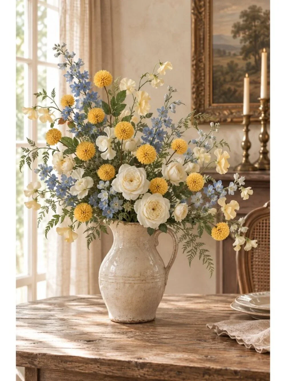 Light Autumn Yellow Pom Pom Chrysanthemum Stems Set of 2, 20 Inch Faux Silk Flow